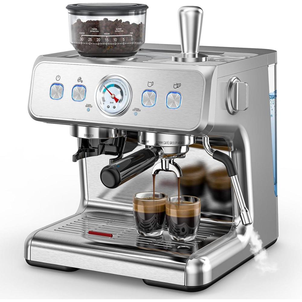 imageCOWSAR 2025 New Espresso Machines with Builtin AntiClog 20 Bar Expresso Coffee Machines with Milk Frother Steam Wand Tamping Tool Espresso Machine with Grinder for Latte Cappuccino AmericanoStainless Steel