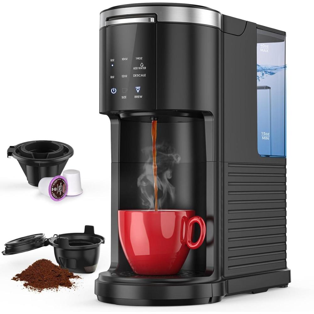 imageCOWSAR Single Serve Coffee Maker Coffee Brewer for Capsule and Ground Coffee Capsule Coffee Machine with 40 Oz Water Tank 5 Brew Sizes Up To 14 Oz Black
