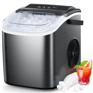 COWSAR Ice Maker Countertop, Stainless Steel Portable Ice Maker Machine with Self-Cleaning, 26.5lbs/24Hrs, 6 Mins/9 Pcs Bullet Ice, Perfectly for Home Use, Gift(Stainless Steel Black)