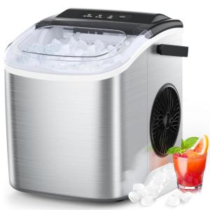 COWSAR Ice Maker Countertop, Stainless Steel Portable Ice Maker Machine with Self-Cleaning, 26.5lbs/24Hrs, 6 Mins/9 Pcs Bullet Ice, Perfectly for Home Use, Gift(Stainless Steel Silver)
