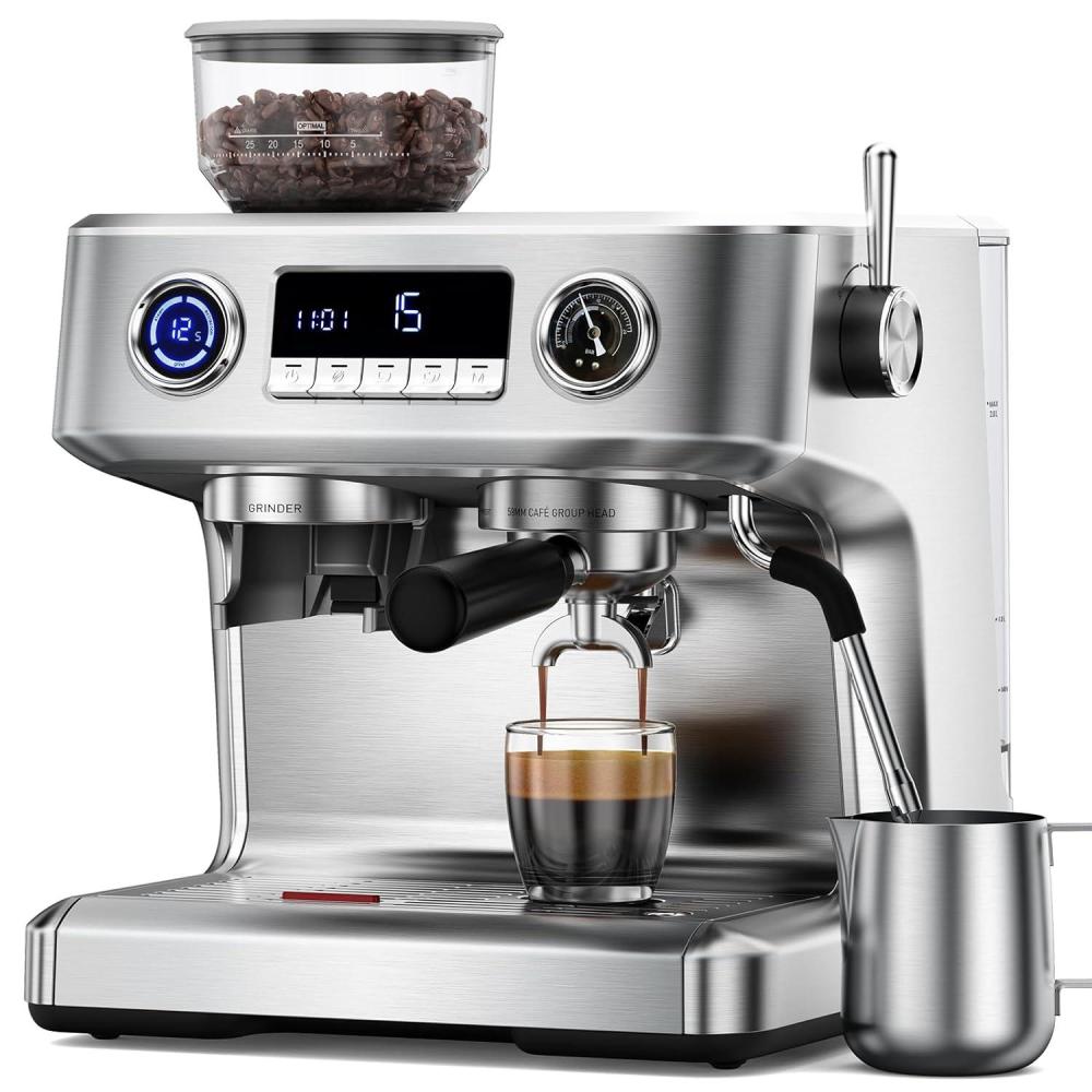 imageCOWSAR Dual Boiler Espresso Machine with Grinder 20 Bar Espresso Machines with Milk Frother Espresso Maker with Removable Water Tank Commercial Expresso Coffee Machines Brushed Stainless SteelDual Boiler Espresso Machine