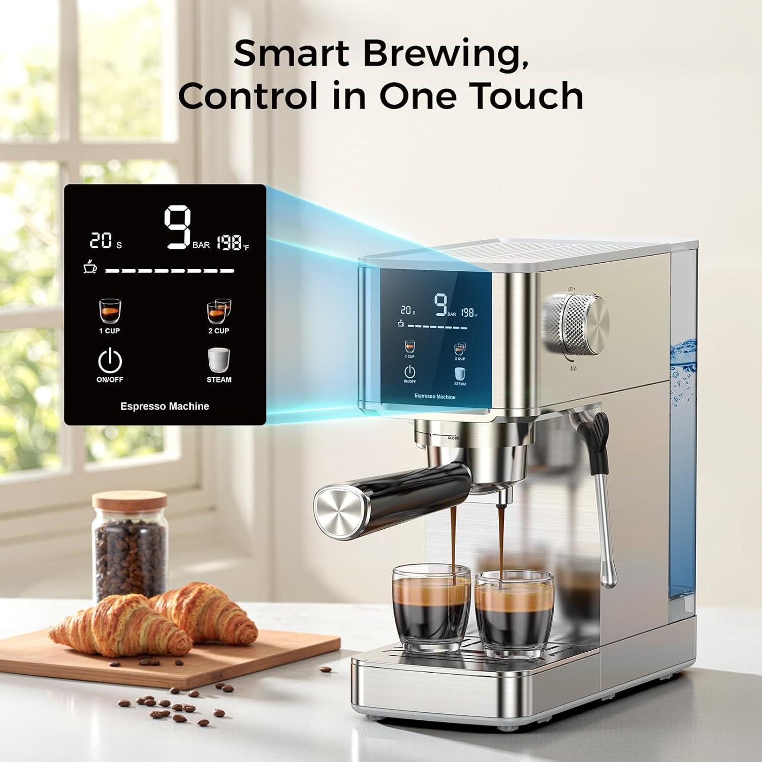 image:imageCOWSAR 20 Bar Espresso MachineStainlessSteel Expresso Coffee Machines with LED DisplaySteam Milk FrotherCappuccino amp Latte amp Espresso makerCompact Coffee Machines for HomeCapsule PortafilterStainless