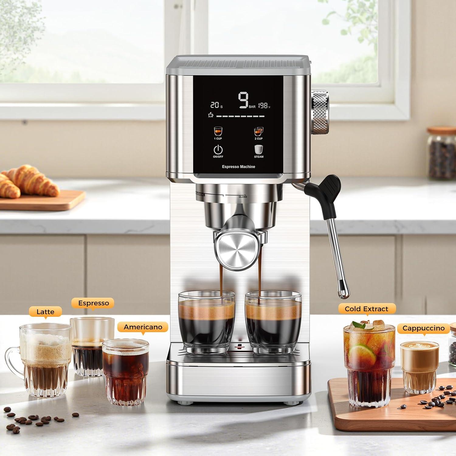 image:imageCOWSAR 20 Bar Espresso MachineStainlessSteel Expresso Coffee Machines with LED DisplaySteam Milk FrotherCappuccino amp Latte amp Espresso makerCompact Coffee Machines for HomeCapsule PortafilterStainlessPro