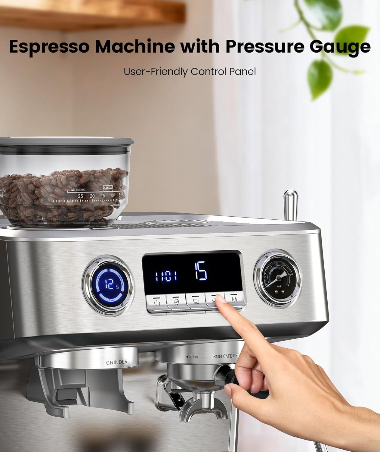 image:imageCOWSAR 2026 Upgrade 20 Bar Espresso Machine with GrinderExpresso Coffee Machines with Milk FrotherCommercial Stainless Steel Expresso Machines for HomePerfect Cappuccino amp LatteBrushed Silver
