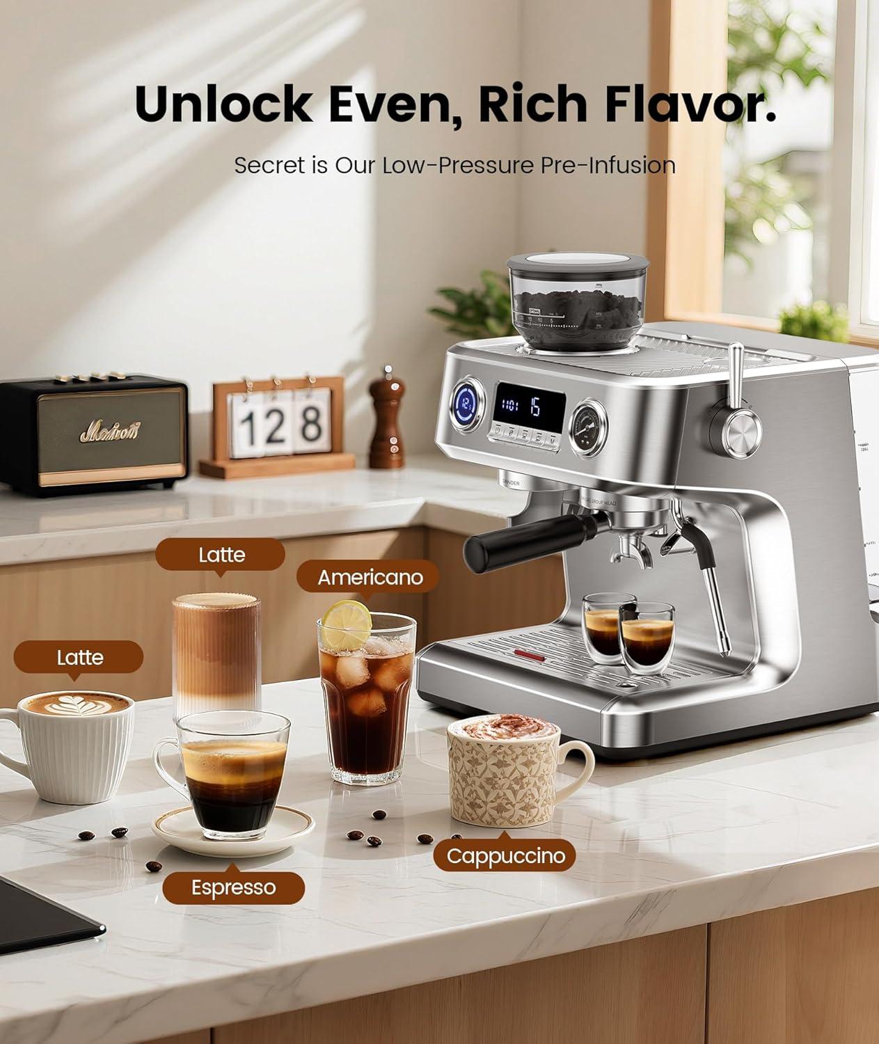 image:imageCOWSAR 2026 Upgrade 20 Bar Espresso Machine with GrinderExpresso Coffee Machines with Milk FrotherCommercial Stainless Steel Expresso Machines for HomePerfect Cappuccino amp LatteBrushed Silver