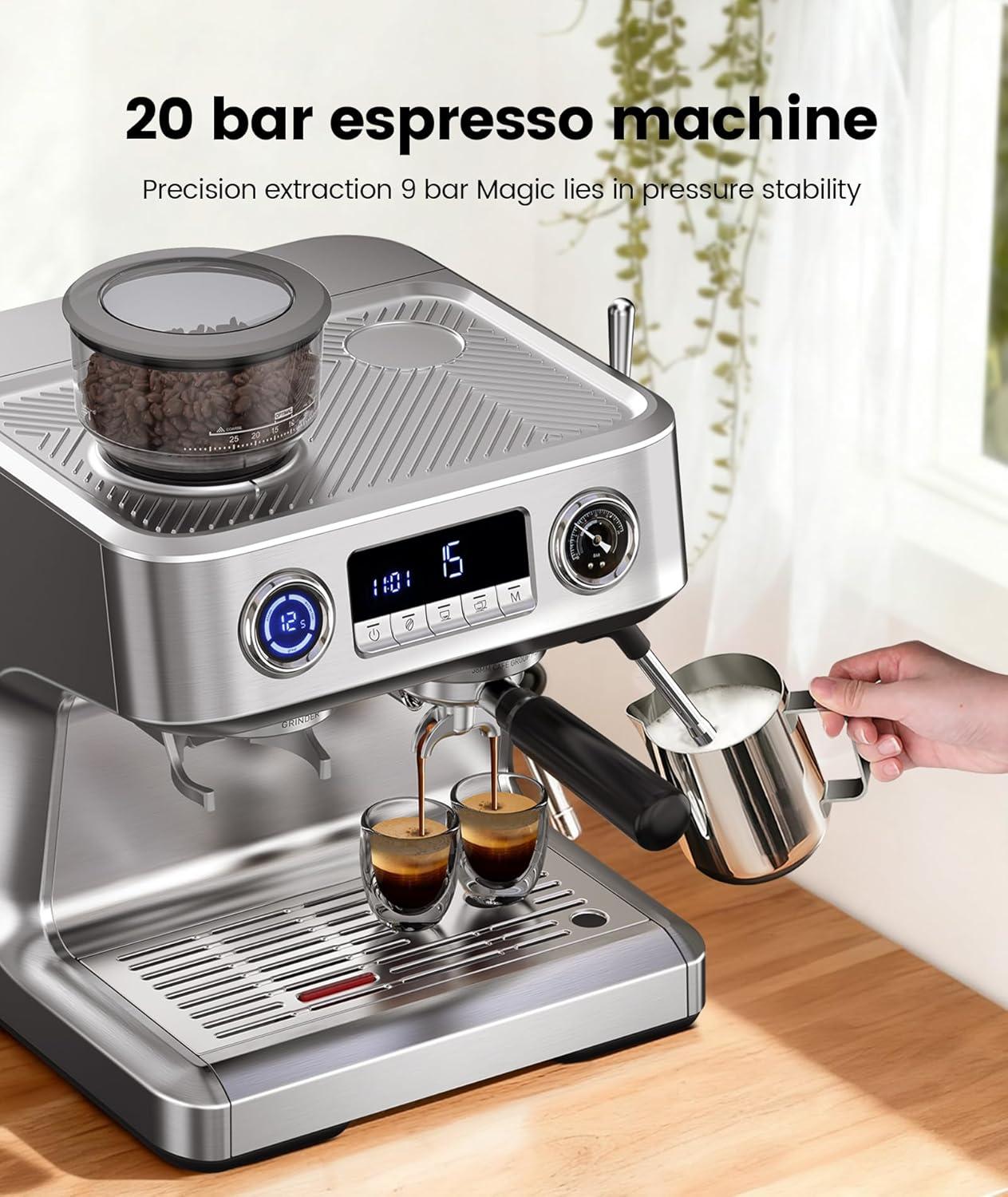 image:imageCOWSAR 2026 Upgrade 20 Bar Espresso Machine with GrinderExpresso Coffee Machines with Milk FrotherCommercial Stainless Steel Expresso Machines for HomePerfect Cappuccino amp LatteBrushed Silver