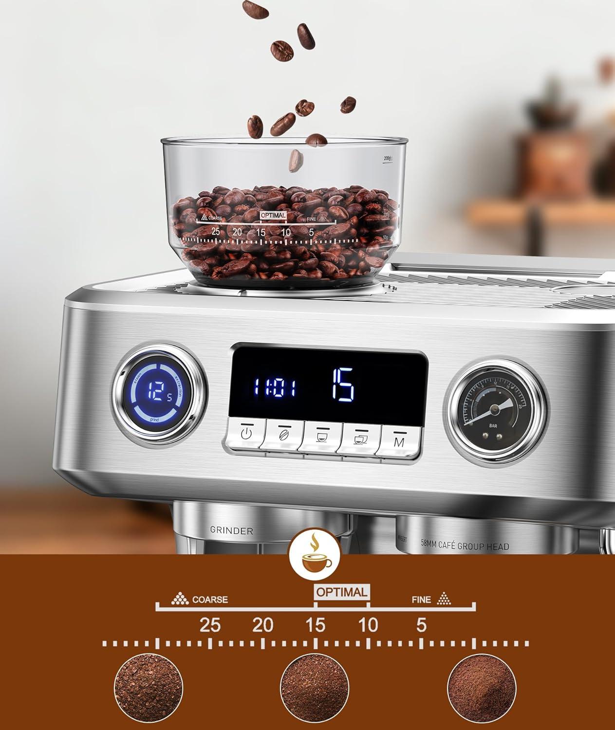 image:imageCOWSAR 2026 Upgrade 20 Bar Espresso Machine with GrinderExpresso Coffee Machines with Milk FrotherCommercial Stainless Steel Expresso Machines for HomePerfect Cappuccino amp LatteBrushed Silver