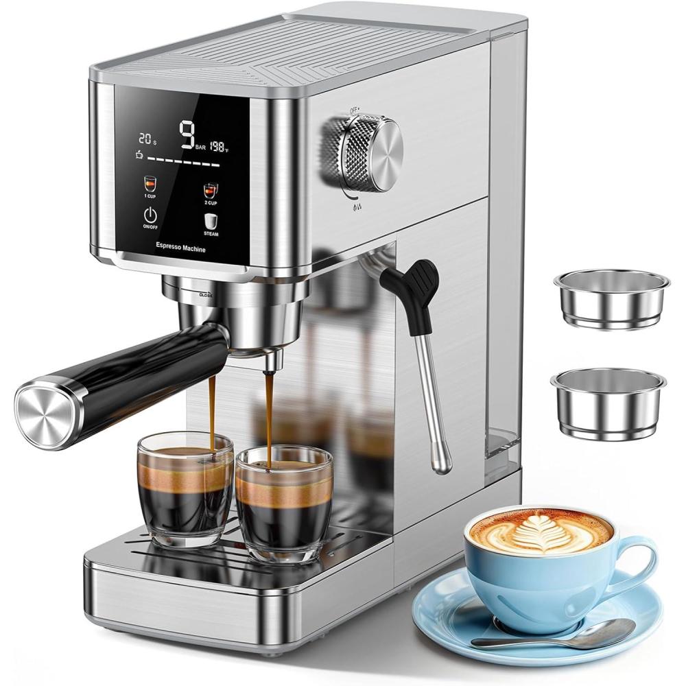 image:imageCOWSAR 20 Bar Espresso MachineStainlessSteel Expresso Coffee Machines with LED DisplaySteam Milk FrotherCappuccino amp Latte amp Espresso makerCompact Coffee Machines for HomeCapsule PortafilterStainless