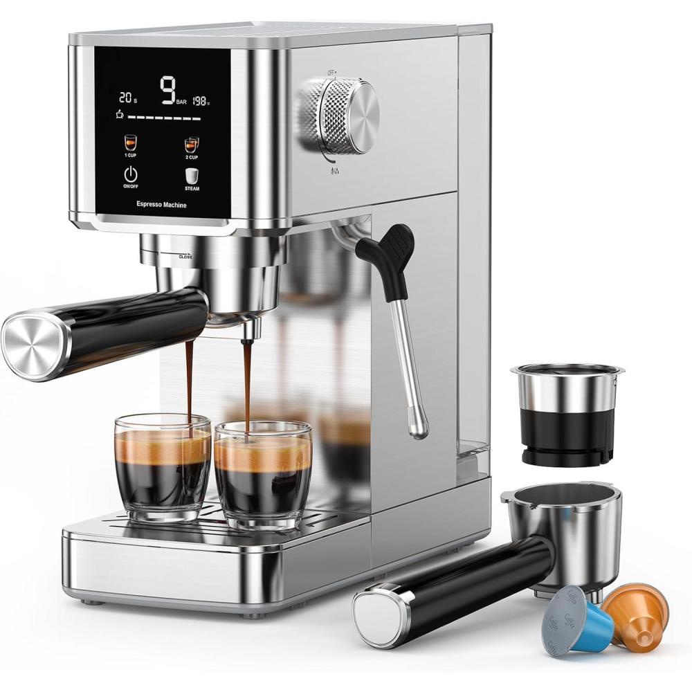 image:imageCOWSAR 20 Bar Espresso MachineStainlessSteel Expresso Coffee Machines with LED DisplaySteam Milk FrotherCappuccino amp Latte amp Espresso makerCompact Coffee Machines for HomeCapsule PortafilterStainlessPro